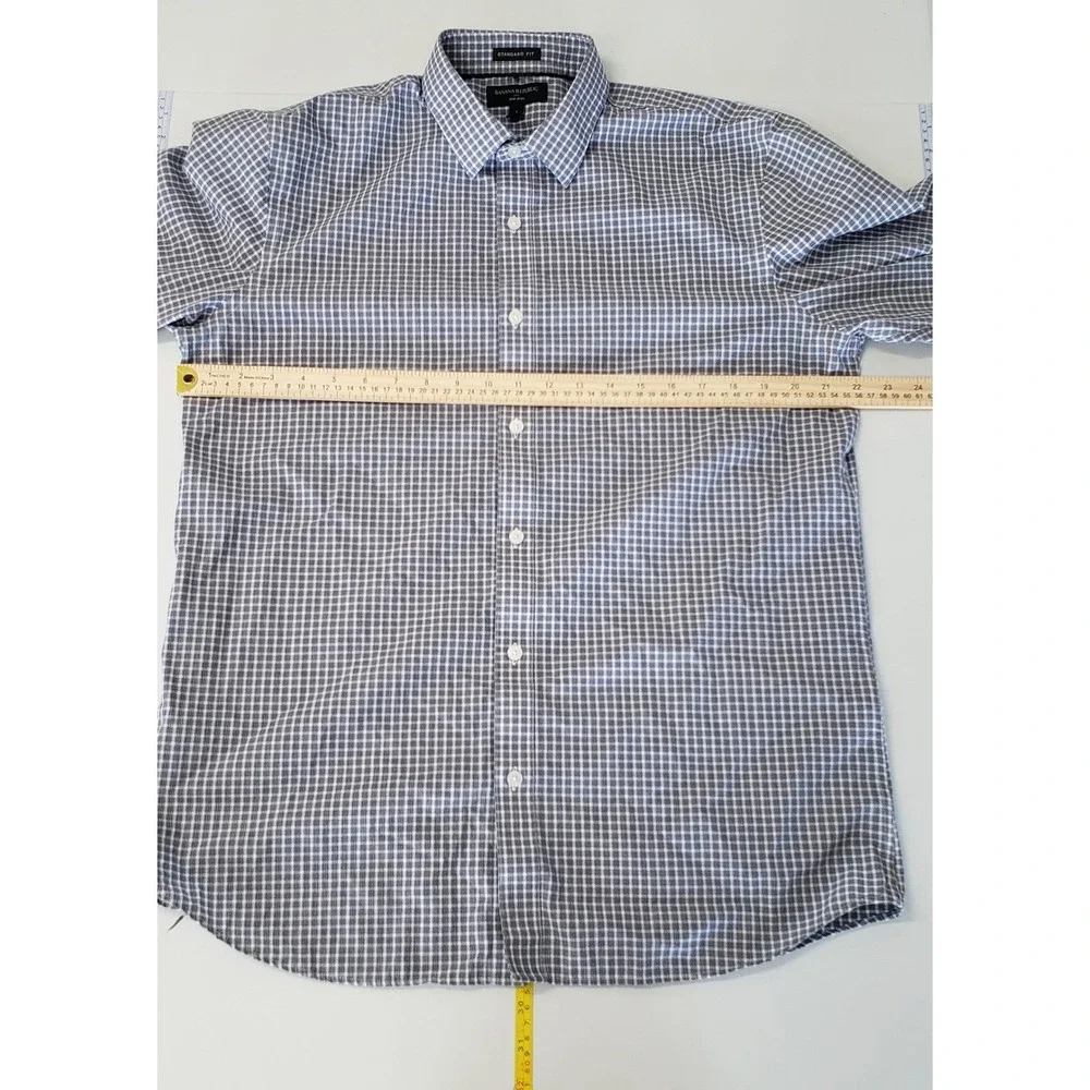 Banana Republic Mens L Non Iron Standard Fit Shirt Navy White Micro Check Office